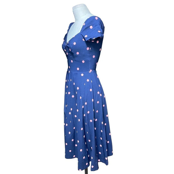 Unique Vintage Polka Dot Fit & Flare Dress Blue Pink Size Small - Picture 4 of 11